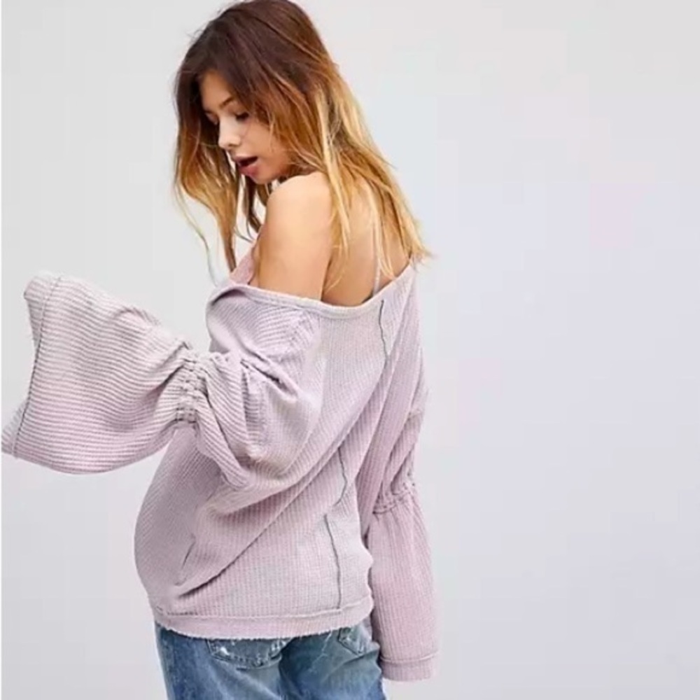 Free People  Dahlia Flared Bell Sleeve Thermal Sweater Top Oversized lavender